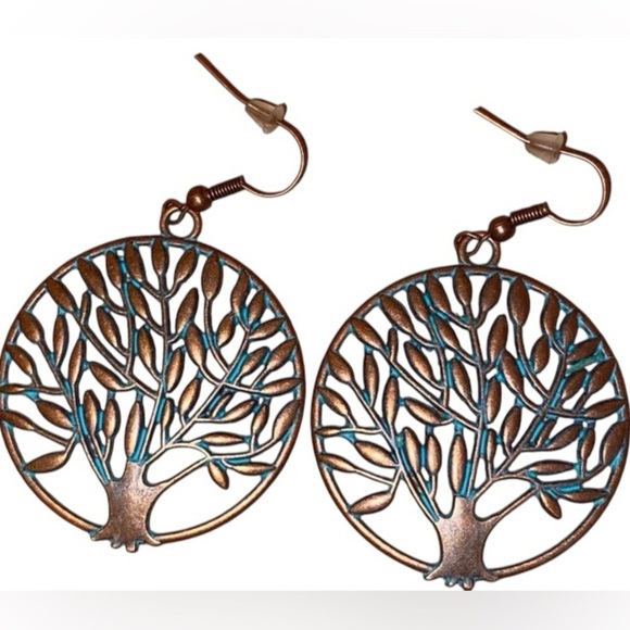 Folk Art Inspired Tree of Life Copper and Turquoise Colored Round Earrings - Picture 1 of 4